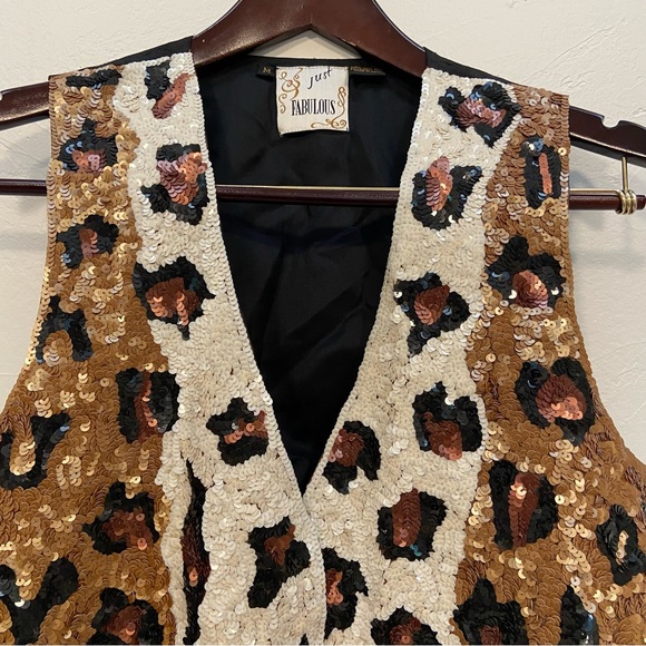 VINTAGE JUST FABULOUS SEQUIN LEOPARD ANIMAL PRINT SILK CAMP GLAM 80s VEST - Picture 3 of 16